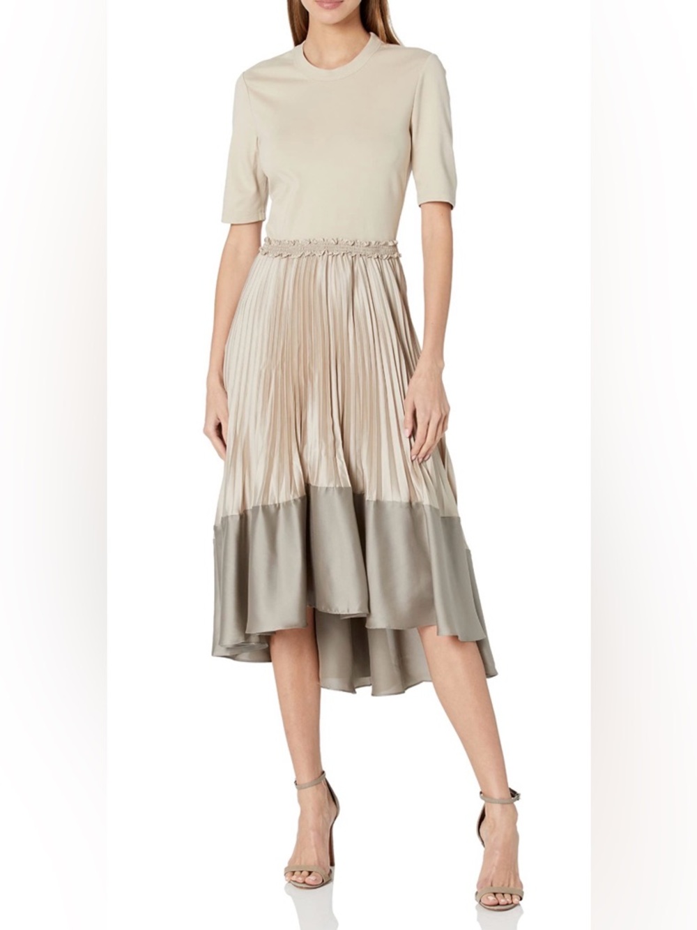 Club Monaco Two-Tone Pleated High-Low Skirt in Beige and Taupe